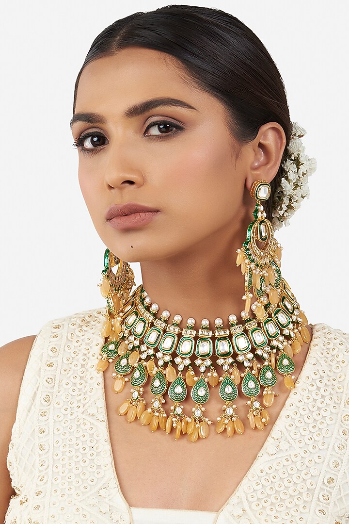 Gold Finish Yellow Jade Beaded Necklace Set by AHAANYA at Pernia's Pop Up Shop