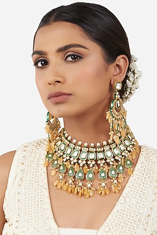 Gold Finish Yellow Jade Beaded Necklace Set by AHAANYA
