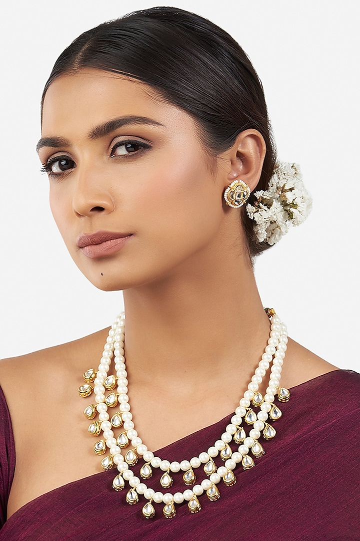 Gold Finish Shell Pearl Layered Necklace Set by AHAANYA