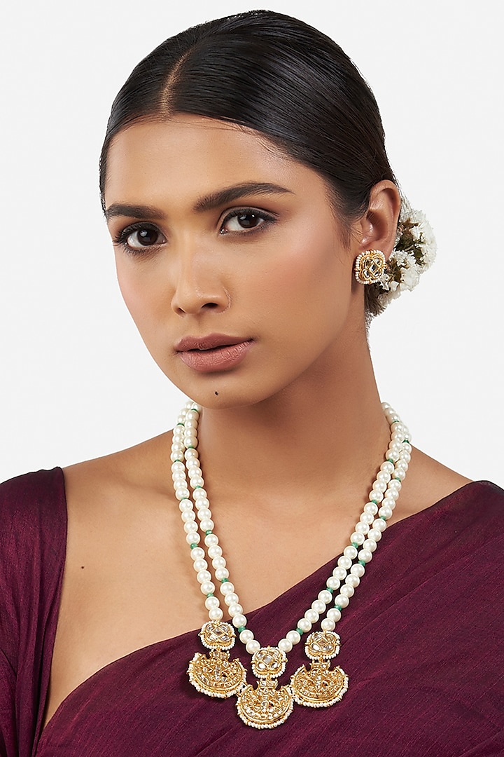 Gold Finish Shell Pearl & Beaded Necklace Set by AHAANYA