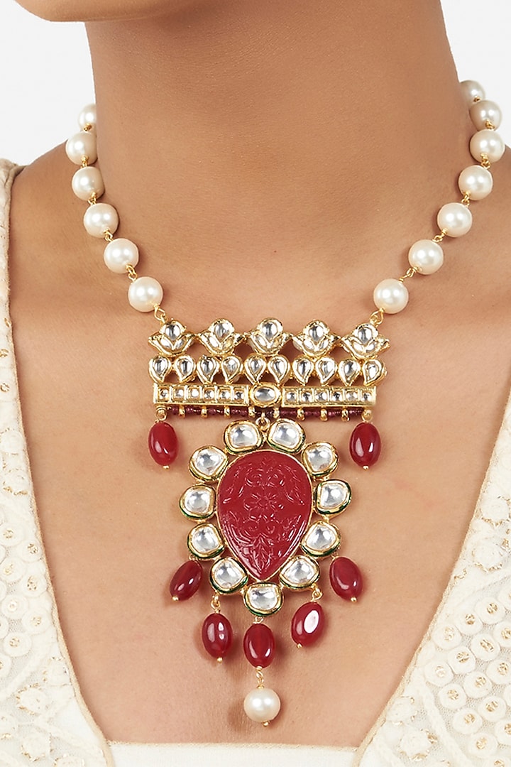 Micro Gold Finish Red Onyx Necklace by AHAANYA
