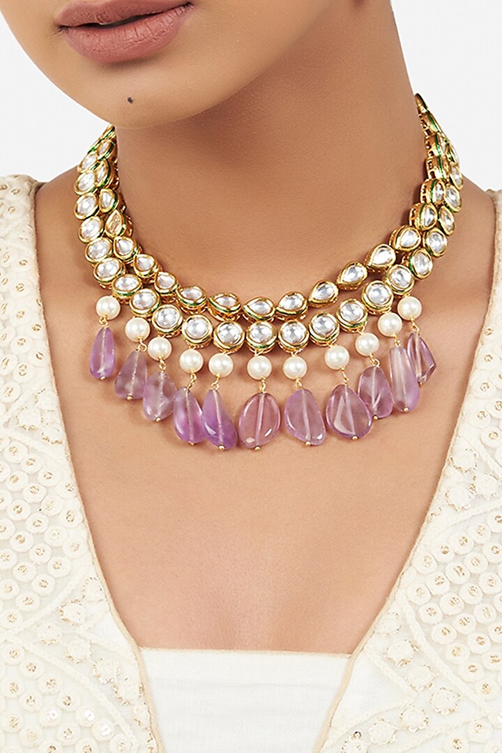 Micro Gold Finish Amethyst Necklace by AHAANYA