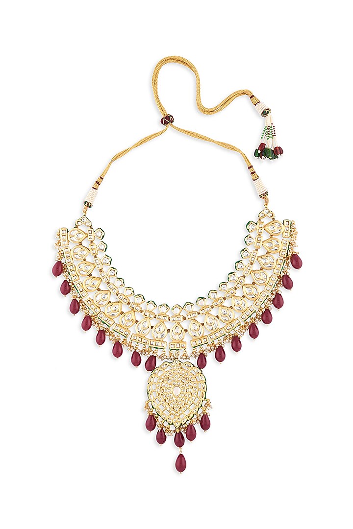 Micro Gold Finish Red Beaded Necklace by AHAANYA at Pernia's Pop Up Shop