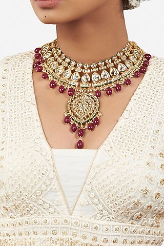 Micro Gold Finish Red Beaded Necklace by AHAANYA