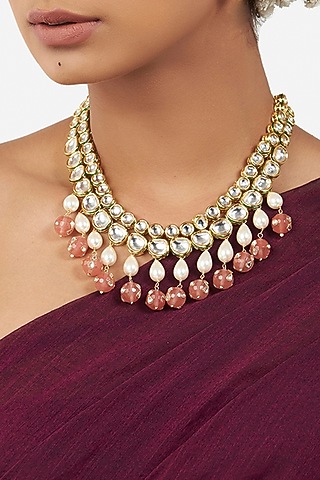 Micro Gold Finish Necklace With Green Agate Stones by AHAANYA