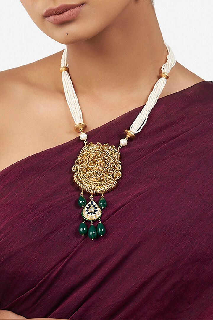 Micro Gold Finish Necklace With Green Onyx Stones by AHAANYA