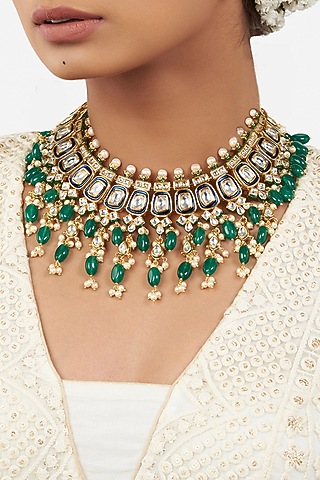 Micro Gold Finish Necklace With Kundan Polki by AHAANYA