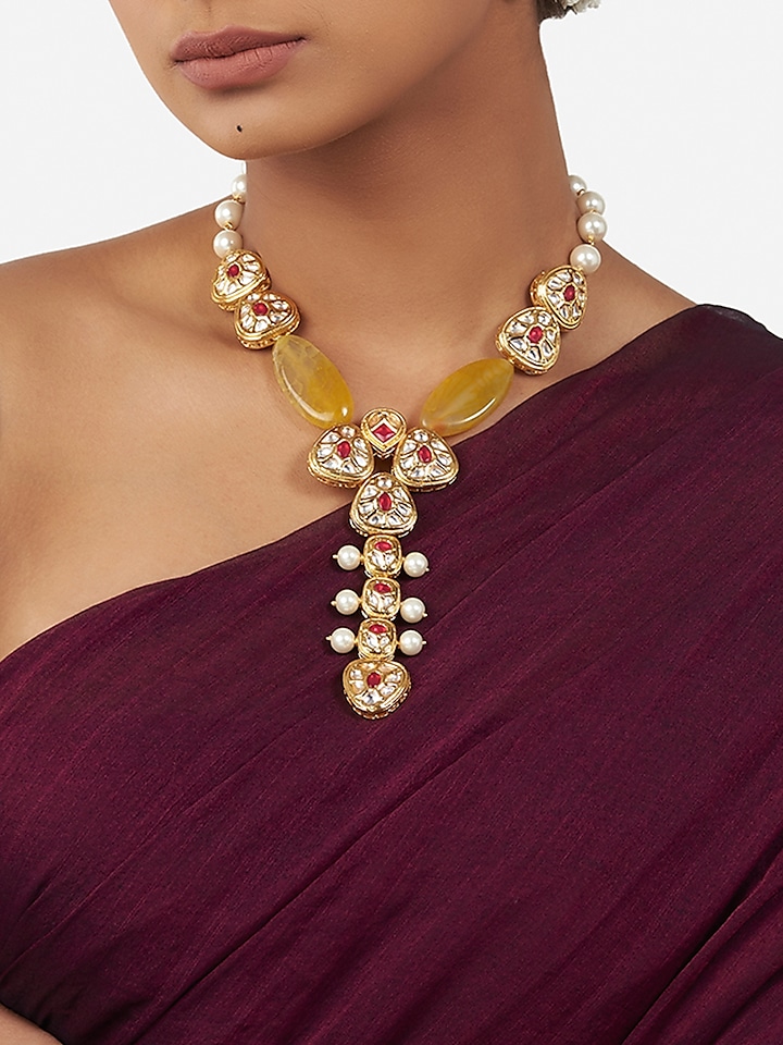 Micro Gold Finish Agate Stone Necklace by AHAANYA