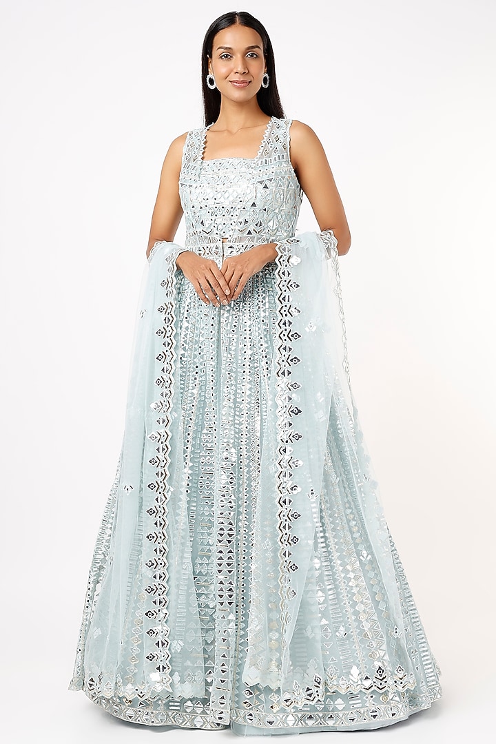 Sky Blue Silk & Net Embroidered Jacket Bridal Lehenga Set by Aneesh Agarwaal at Pernia's Pop Up Shop