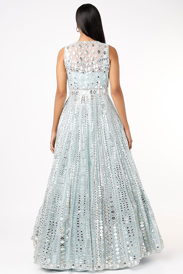 Sky Blue Silk & Net Embroidered Jacket Bridal Lehenga Set by Aneesh Agarwaal at Pernia's Pop Up Shop