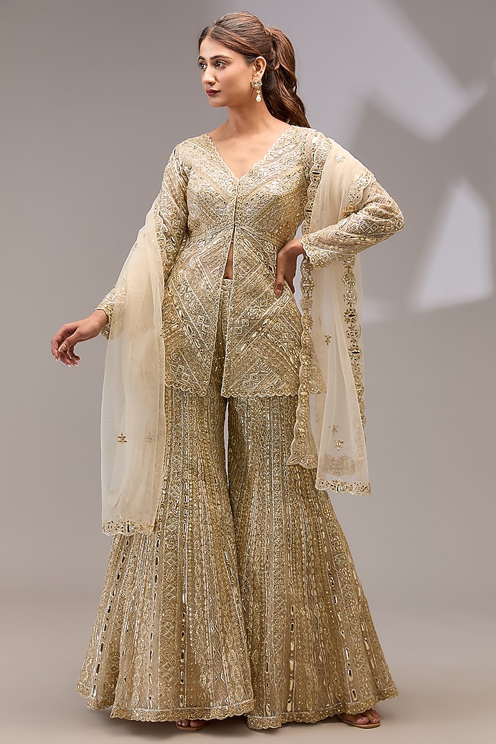 Ivory Gold Tulle Mirror Embroidered Bridal Sharara Set by Aneesh Agarwaal at Pernia's Pop Up Shop