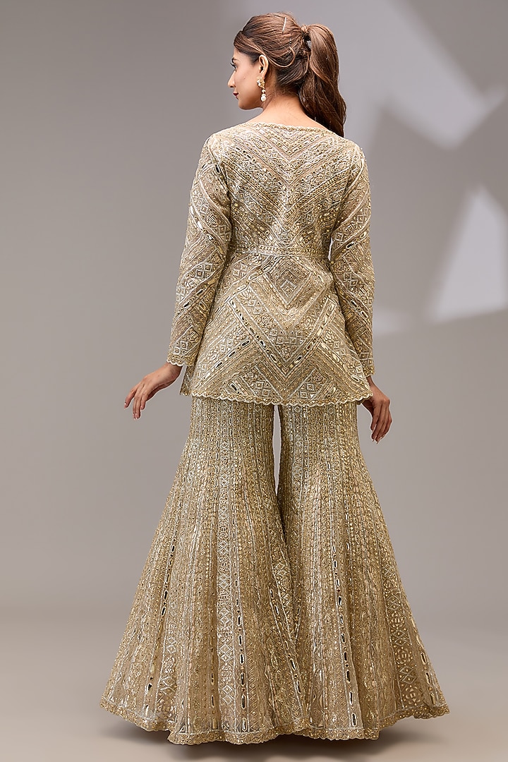 Ivory Gold Tulle Mirror Embroidered Bridal Sharara Set by Aneesh Agarwaal at Pernia's Pop Up Shop