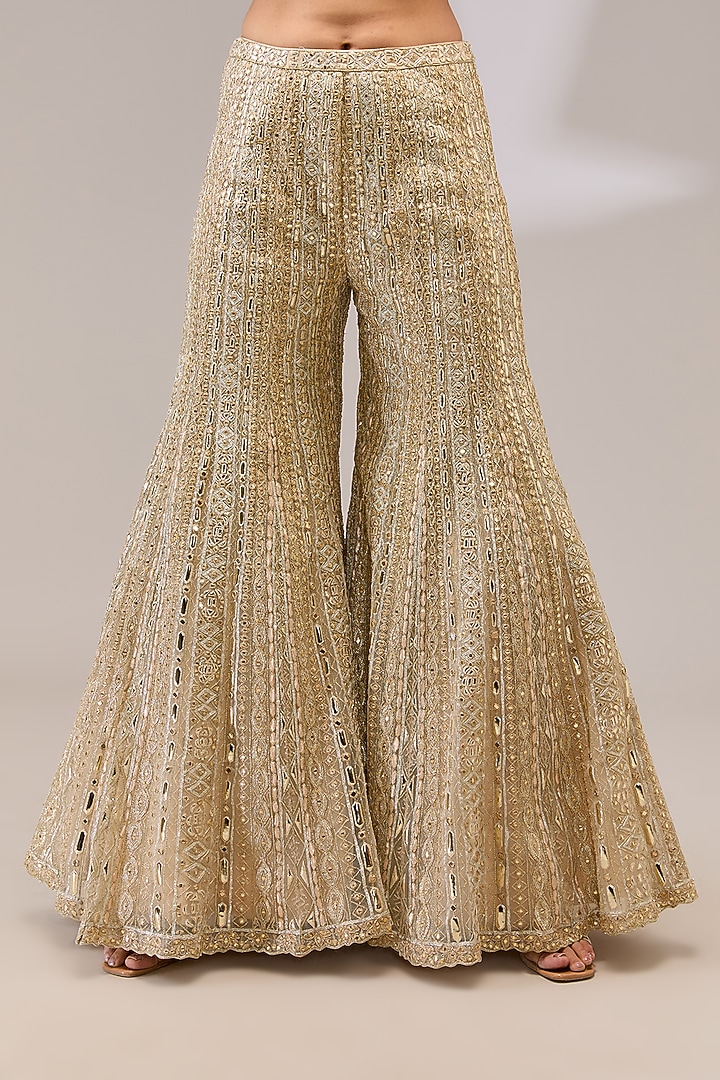 Ivory Gold Tulle Mirror Embroidered Bridal Sharara Set by Aneesh Agarwaal at Pernia's Pop Up Shop
