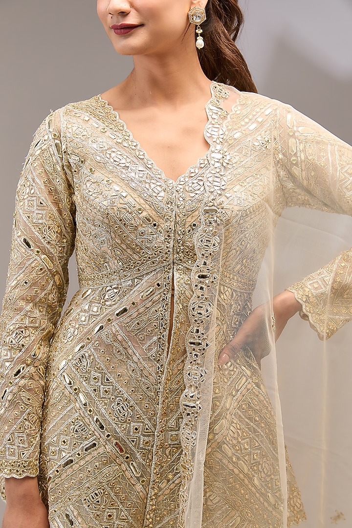 Ivory Gold Tulle Mirror Embroidered Bridal Sharara Set by Aneesh Agarwaal at Pernia's Pop Up Shop