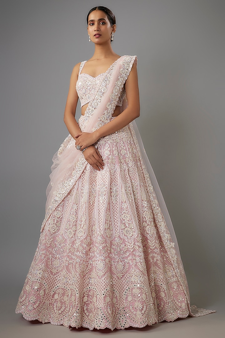 Light Pink Organza Embroidered Bridal Lehenga Set by Aneesh Agarwaal at Pernia's Pop Up Shop