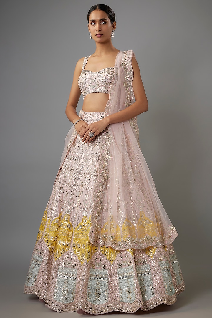 Light Pink & Yellow Organza Embroidered Bridal Lehenga Set by Aneesh Agarwaal at Pernia's Pop Up Shop