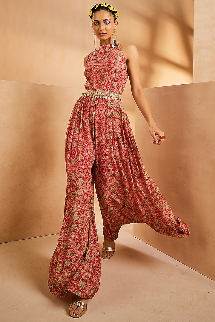 Red Chinon Bohemian Hand Painted Jumpsuit With Belt by Aneesh Agarwaal PRET at Pernia's Pop Up Shop