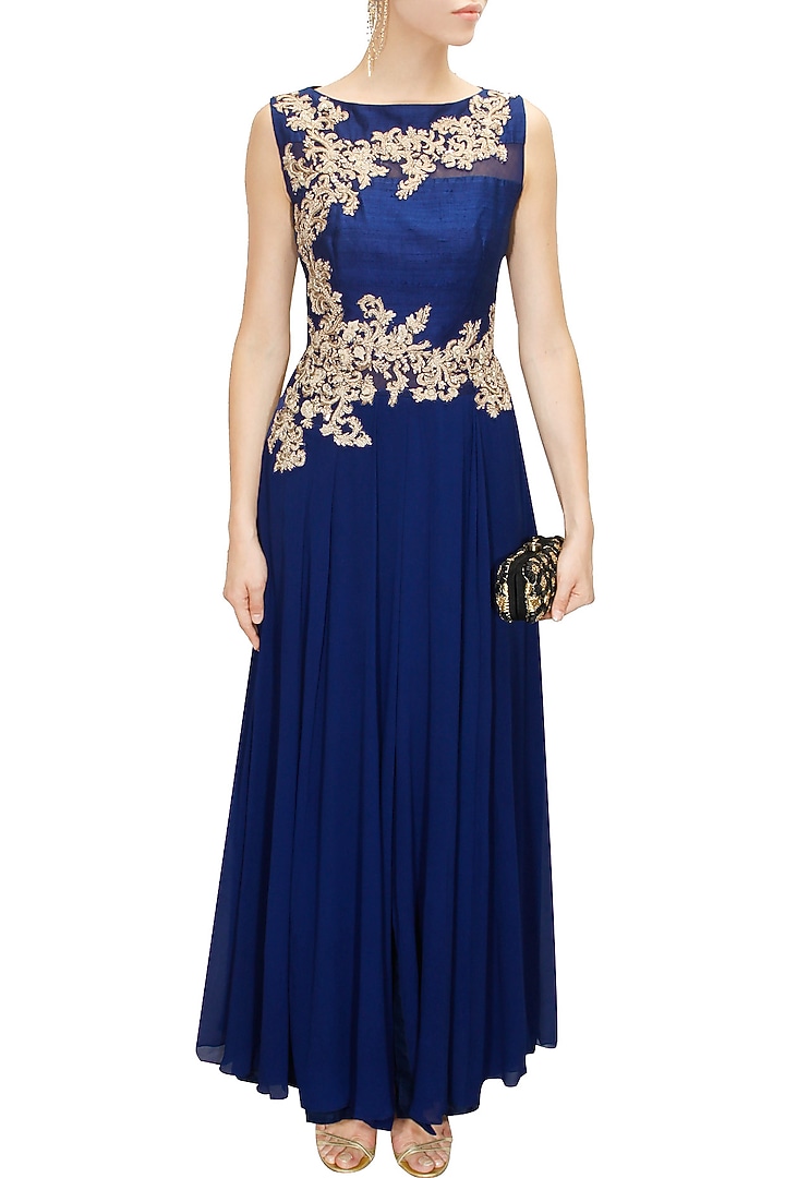 Royal blue embroidered anarkali set available only at Pernia's Pop-Up Shop.
