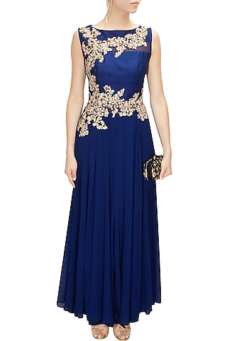 Royal blue embroidered anarkali set by Aneesh Agarwaal PRET