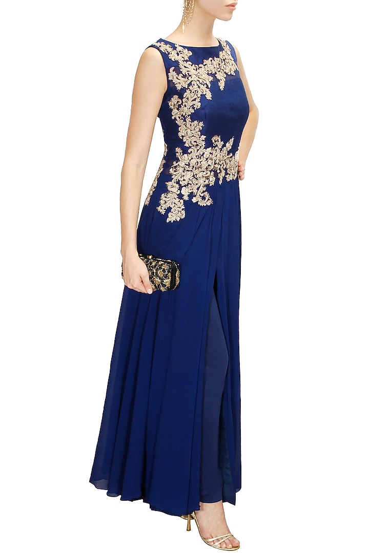 Royal blue embroidered anarkali set available only at Pernia's Pop-Up Shop.