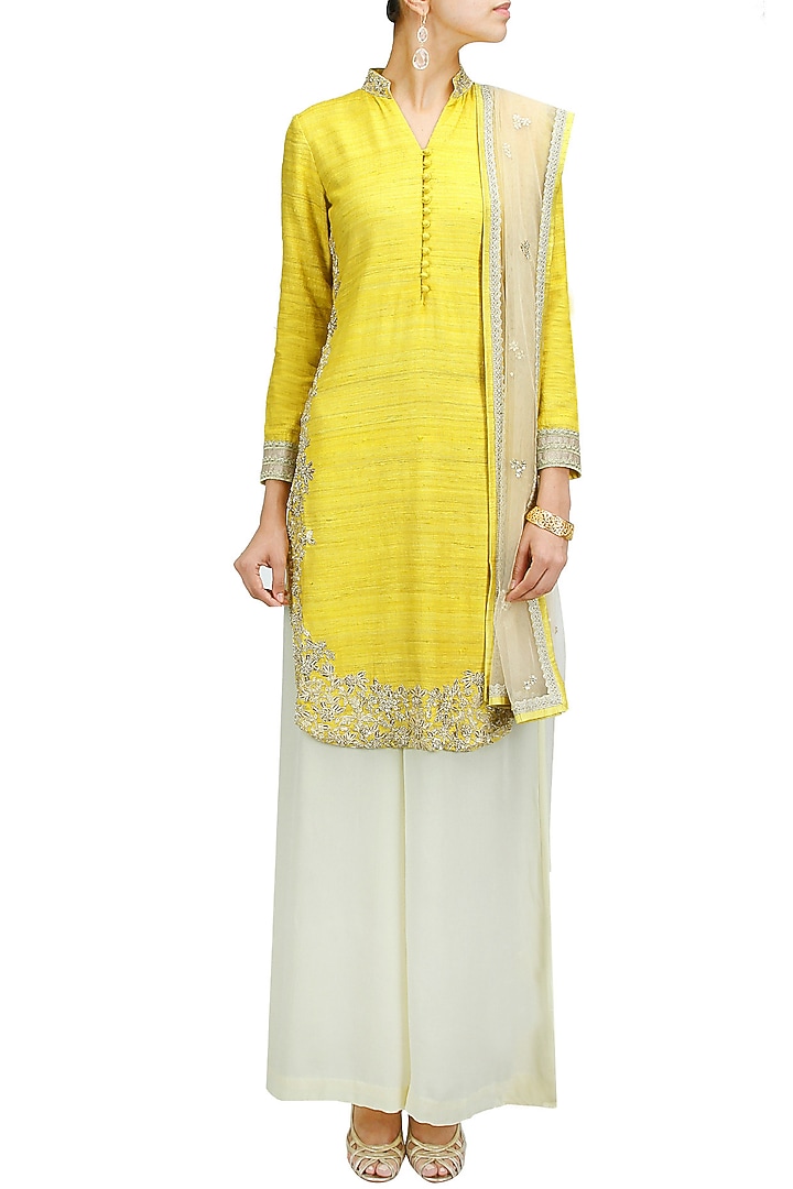 Lime green embroidered high low kurta set available only at Pernia's Pop-Up Shop.