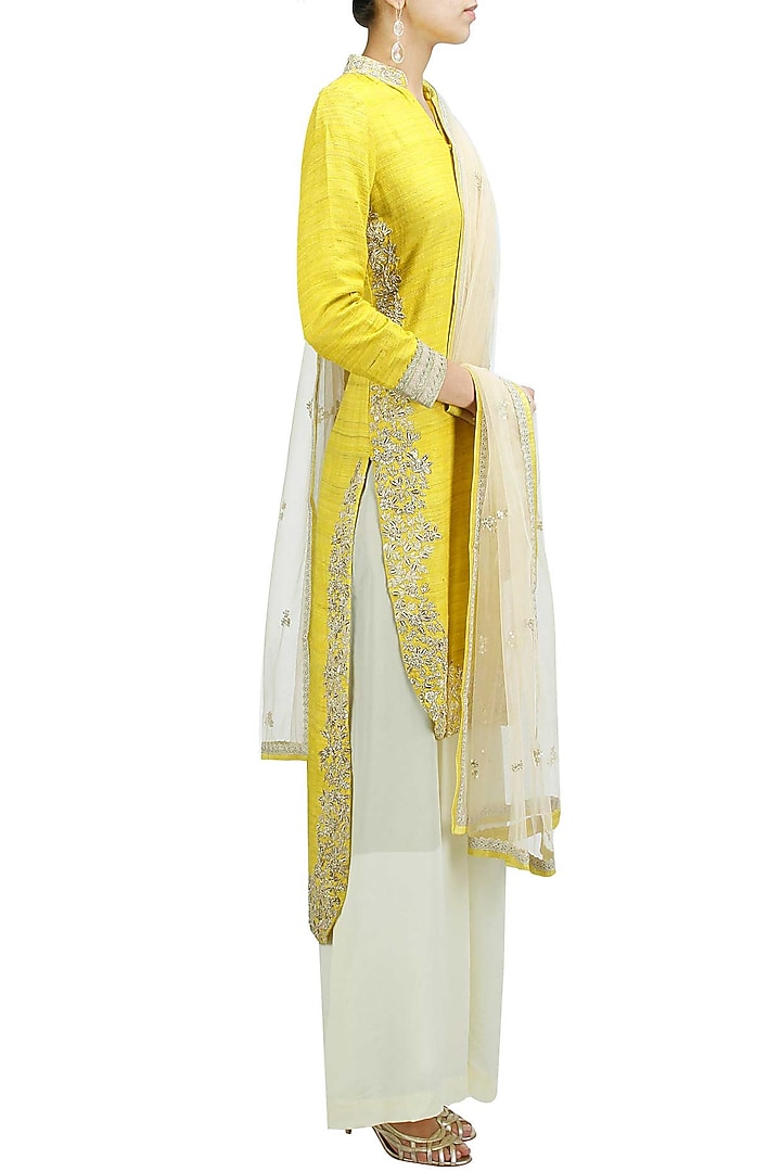 Lime green embroidered high low kurta set available only at Pernia's Pop-Up Shop.
