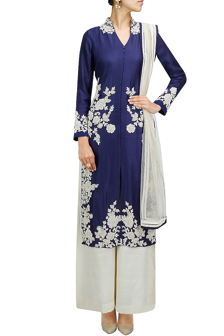 Navy blue zardosi embroidered anarkali set available only at Pernia's Pop-Up Shop.