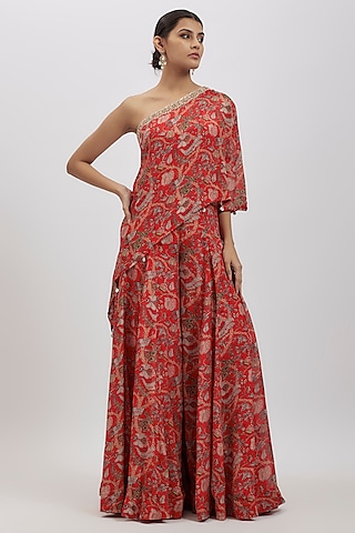 Red Kalamkari Sharara Set by Aneesh Agarwaal PRET