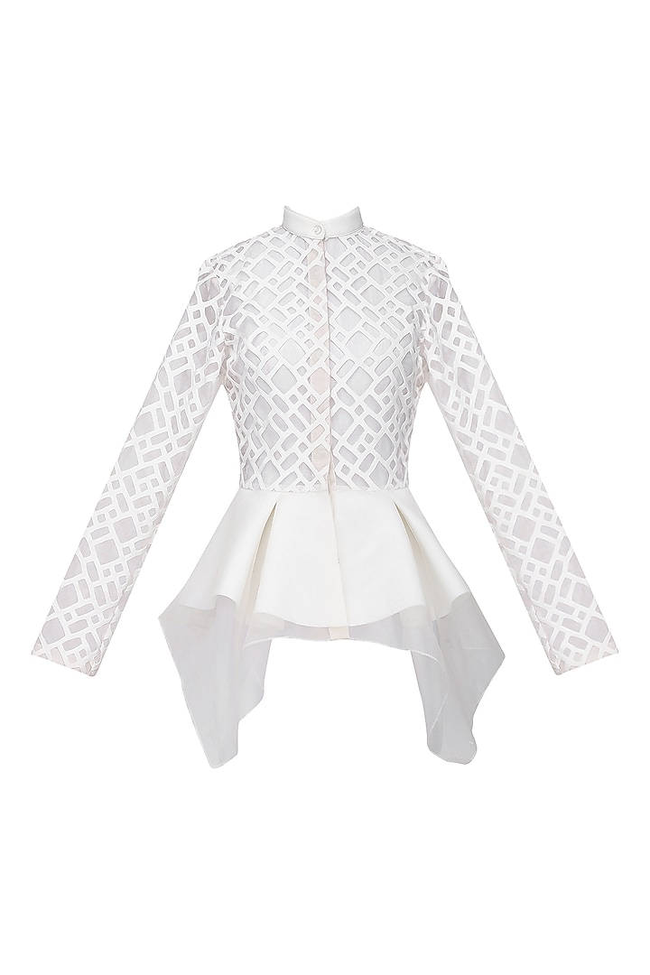 White Front Open Peplum Jacket by Anand Bhushan