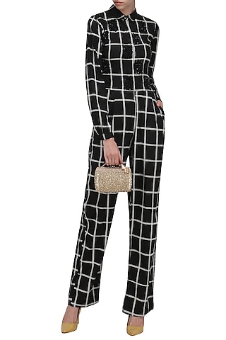Black and White Checked Sequins Jumpsuit by Anand Bhushan