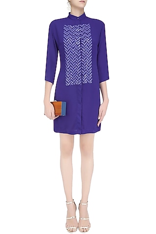 Blue Sequins Embellished Shirt Dress by Anand Bhushan