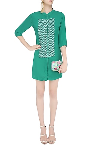 Green Sequins Embellished Shirt Dress by Anand Bhushan