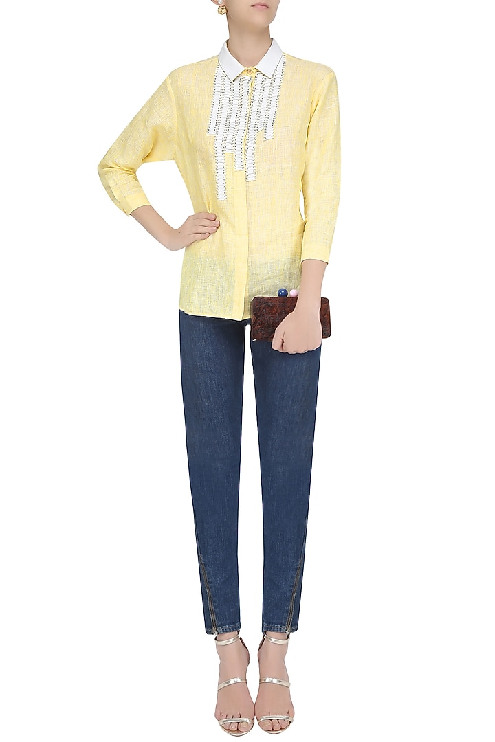 Yellow and white sequins embellished shirt available only at Pernia's Pop Up Shop.