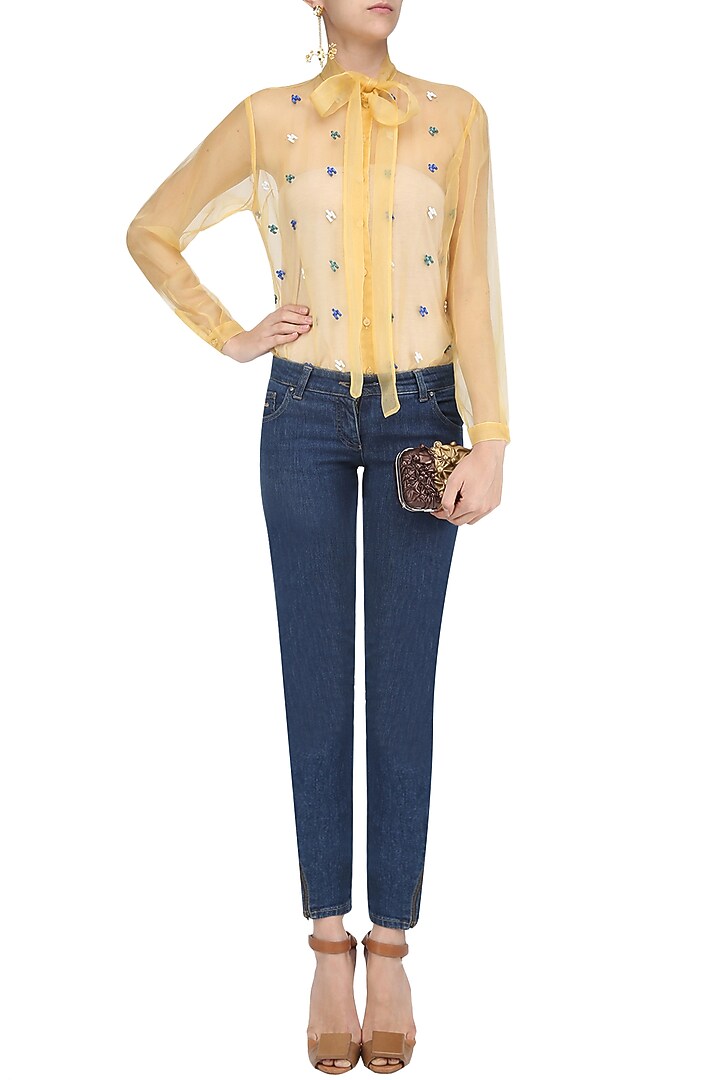 Yellow, blue, green and white sequinned motifs shirt available only at Pernia's Pop Up Shop.