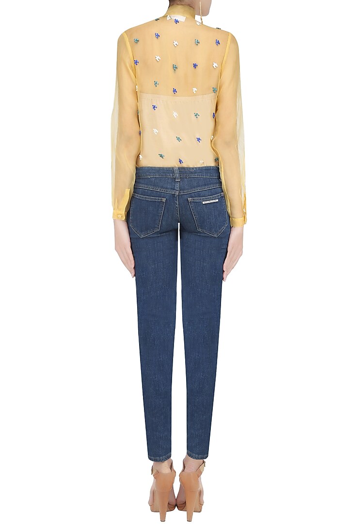 Yellow, blue, green and white sequinned motifs shirt available only at Pernia's Pop Up Shop.