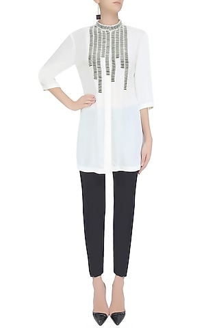 White Sequins Embellishment Button Down Shirt by Anand Bhushan
