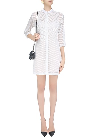 White Zigzag Pattern Sequins Embellished Shirt Dress by Anand Bhushan