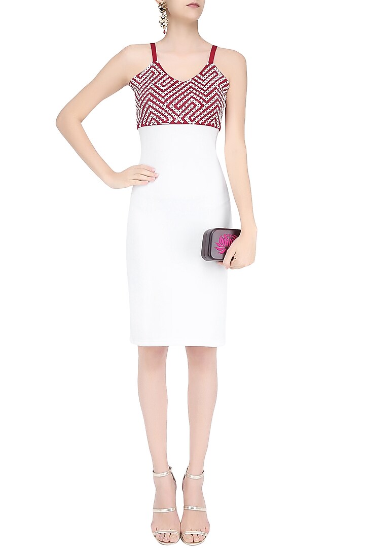 White and red applique work fitted dress available only at Pernia's Pop Up Shop.