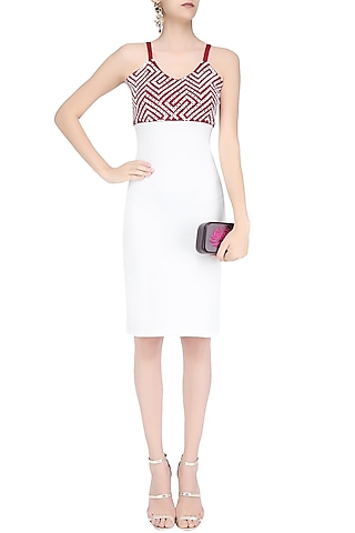 White and Red Applique Work Fitted Dress by Anand Bhushan