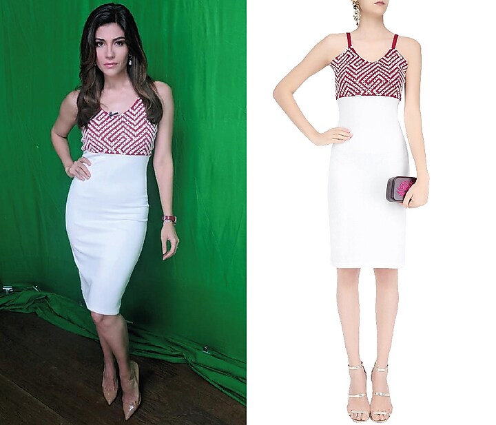 White and red applique work fitted dress available only at Pernia's Pop Up Shop.