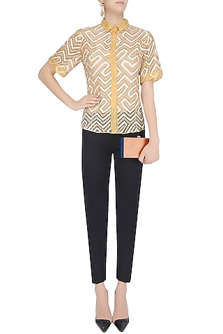 Yellow Applique Work Button Down Shirt by Anand Bhushan