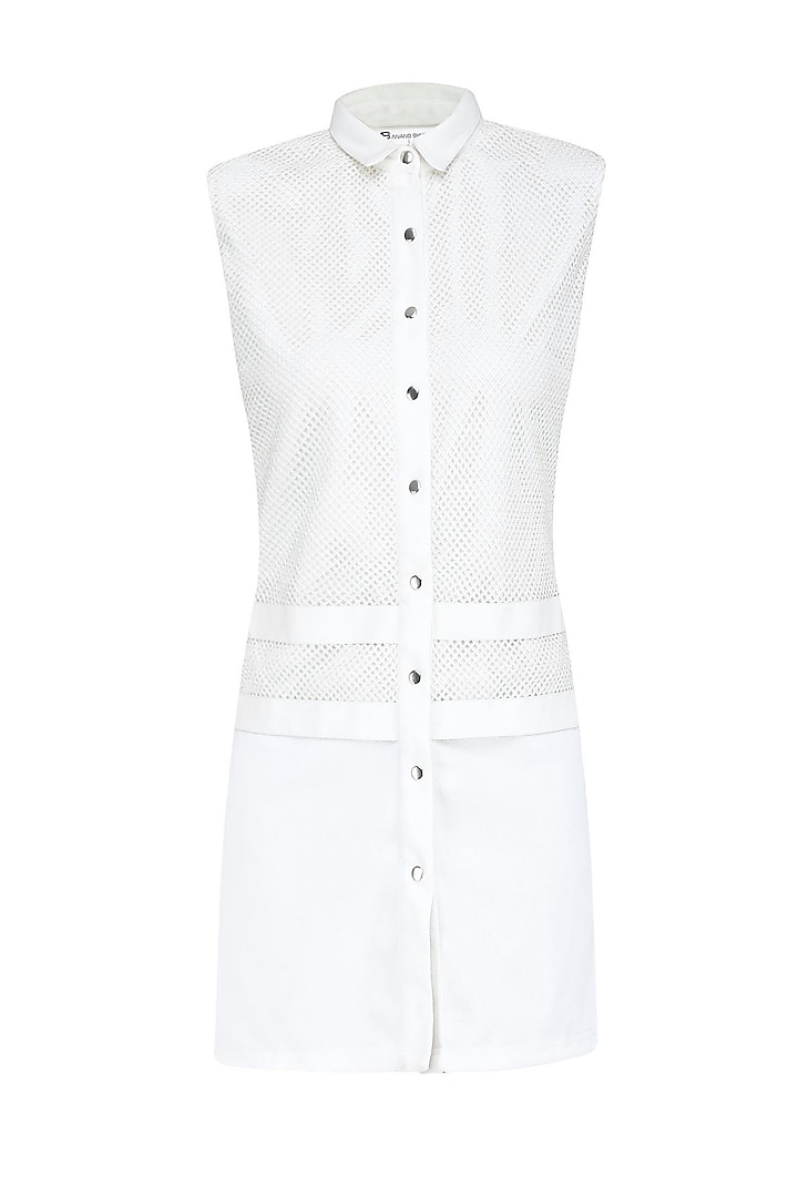 White Mesh Knitted Shirt Dress by Anand Bhushan