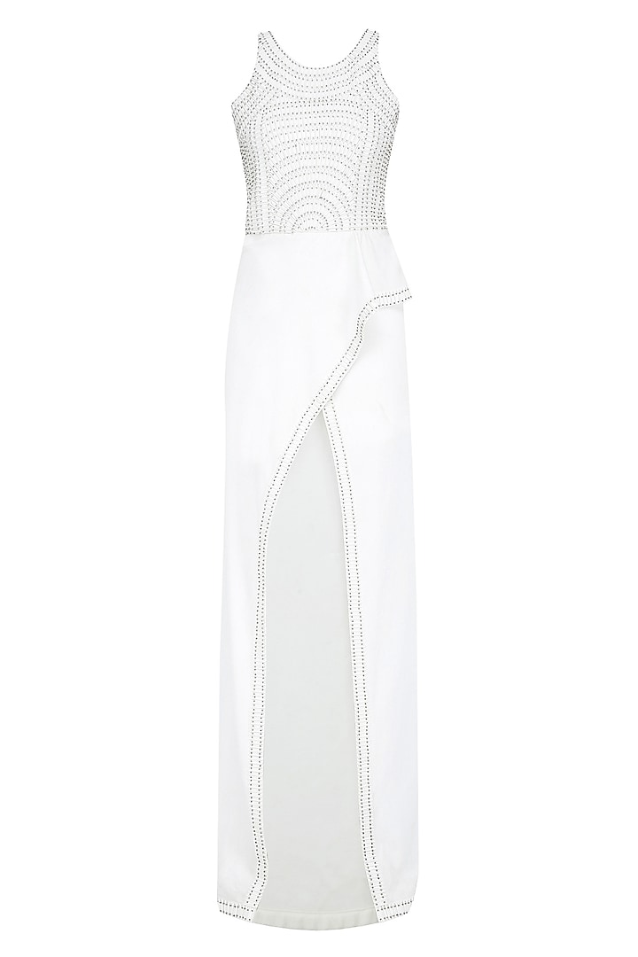 White Sequins Embellished High Low Drape Dress by Anand Bhushan