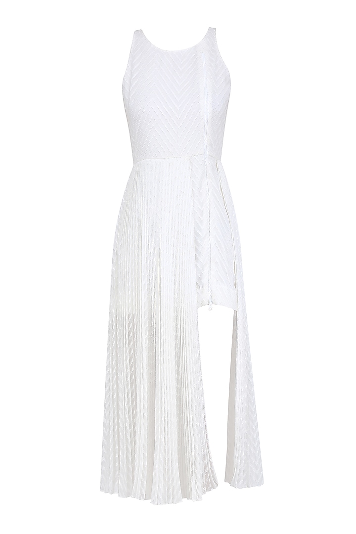 White Zigzag Pattern Panelled Dress by Anand Bhushan