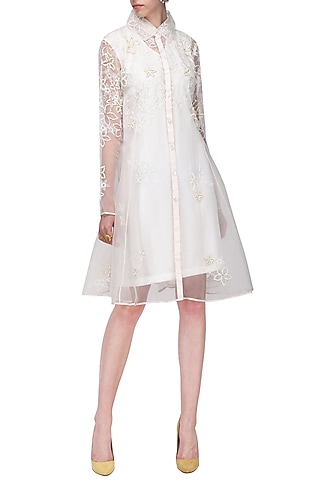 White Floral Embroidered Knee Length Jacket by Anand Bhushan
