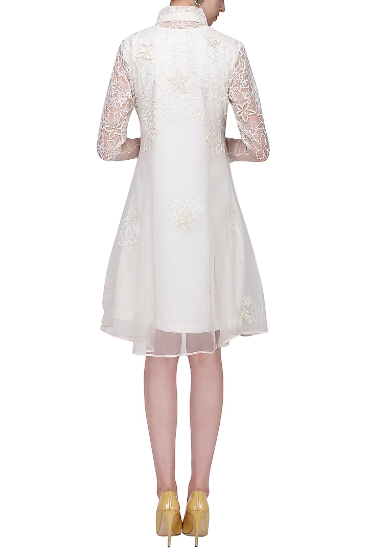 White floral embrpidered knee length jacket available only at Pernia's Pop Up Shop.