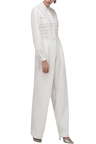 White Knitted Jumpsuit by Anand Bhushan