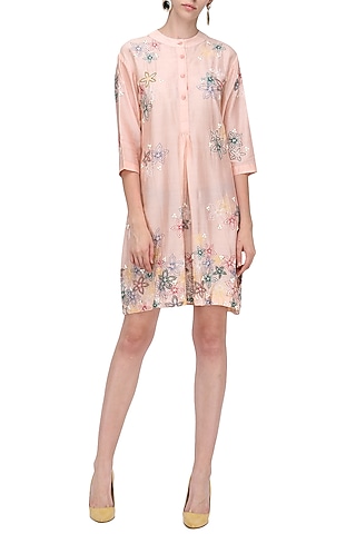 Pink Embroidered Yoke Neck Tunic by Anand Bhushan