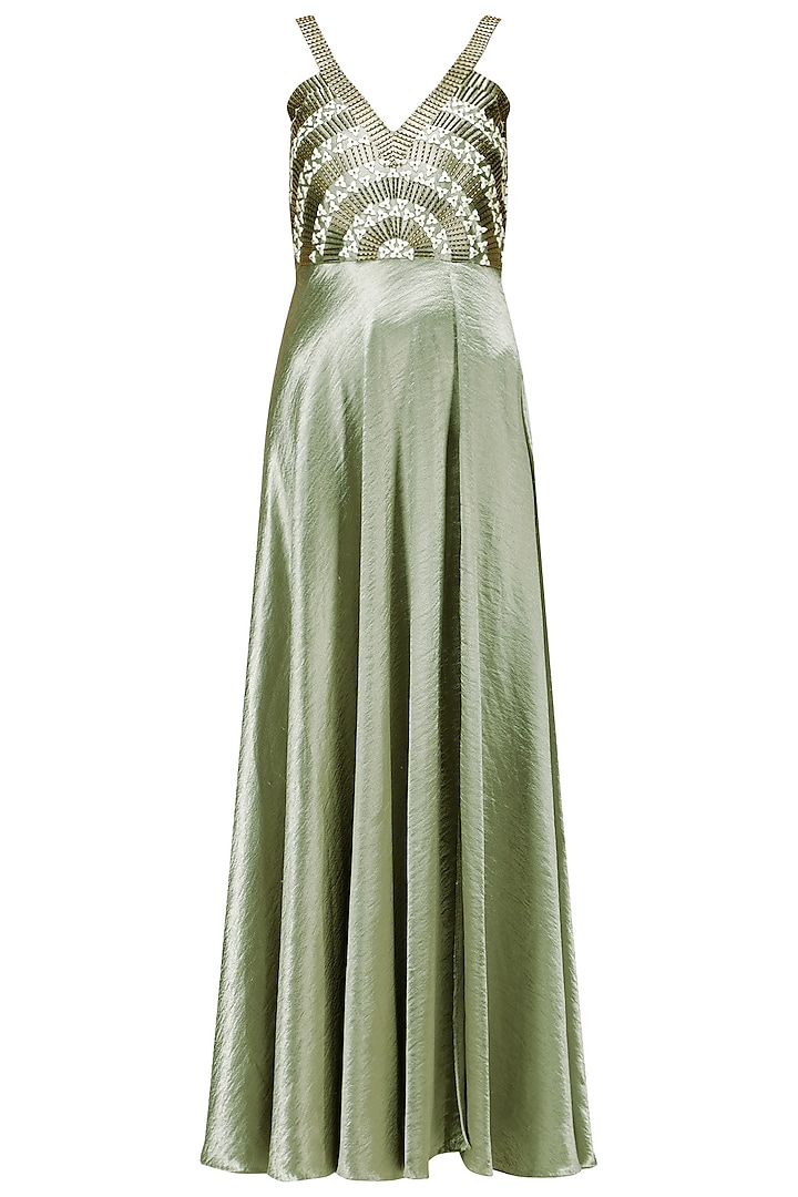 Green Embroidered Satin Thigh High Slit Gown by Anand Bhushan
