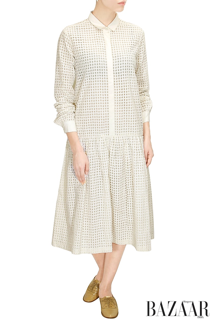 Off white cutwork flared dress available only at Pernia's Pop-Up Shop.